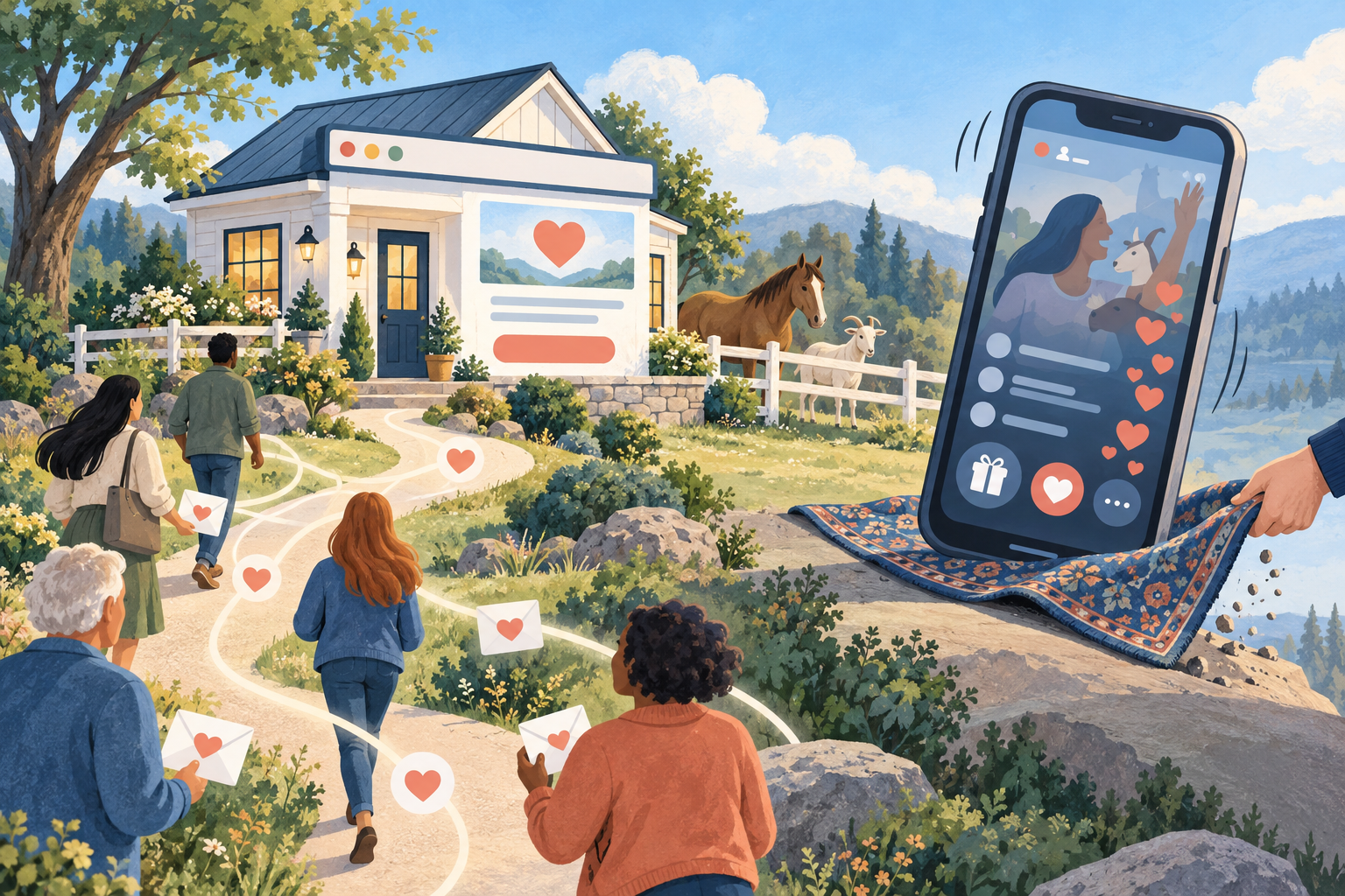 Editorial illustration of a nonprofit keeping its home while a social platform pulls the rug away